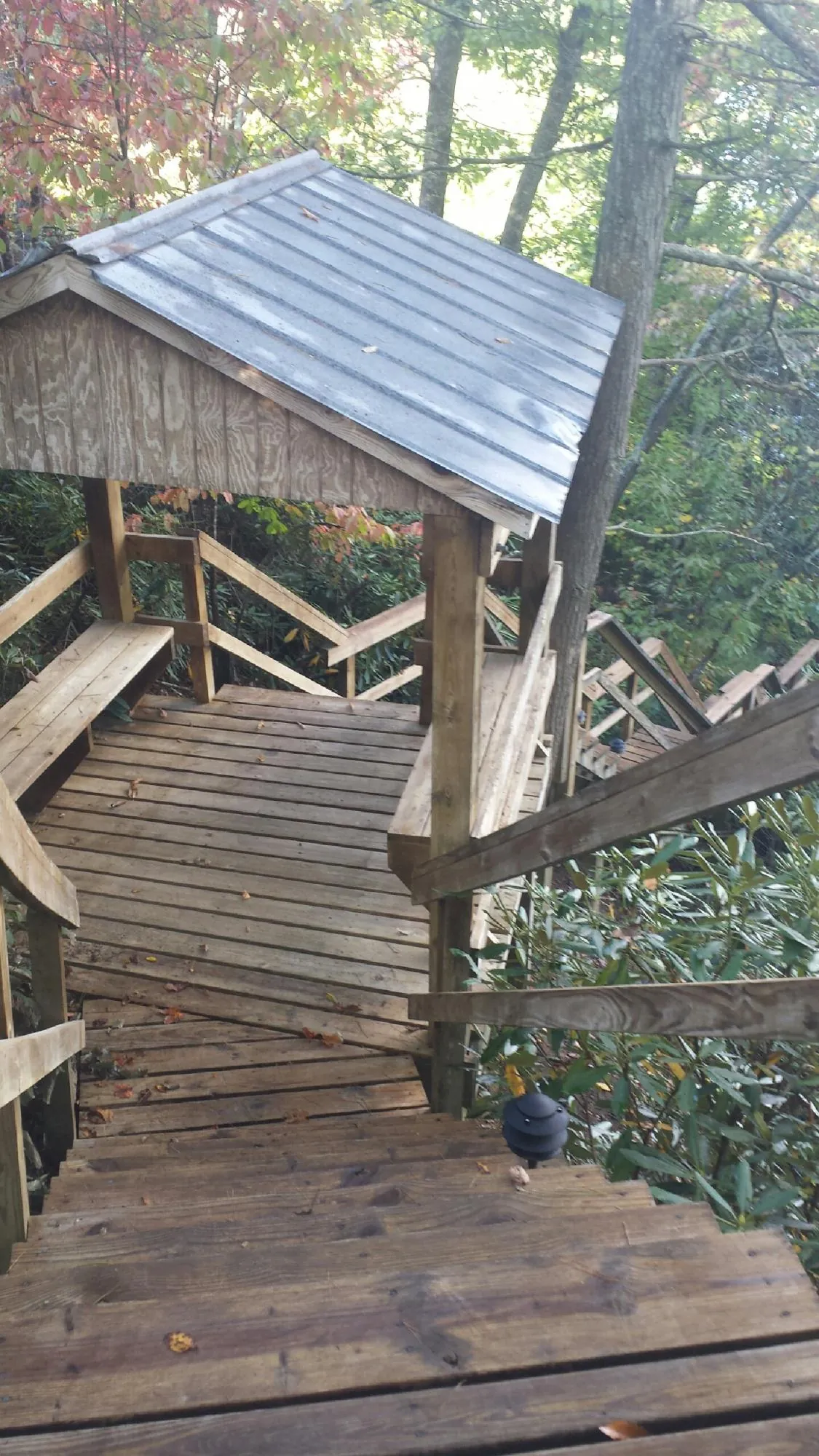 Metal roofed shelter over wooden steps on a wooded walkway — Skylight Repair & Installation work by our crew in Elm City